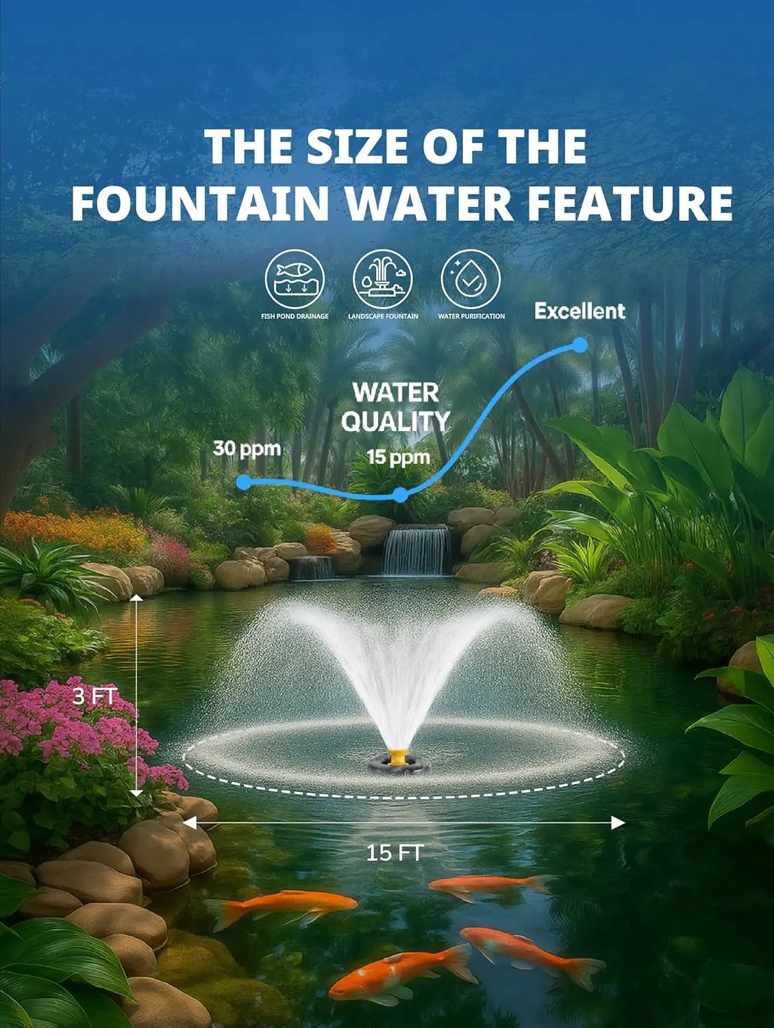 Pond Fountain Aerator Pump with Timer, 50ft Power Cord, 2 Spray Patterns, Energy-Efficient Water Circulation for Ponds & Lakes, Easy Installation by GreenHaven Gardens