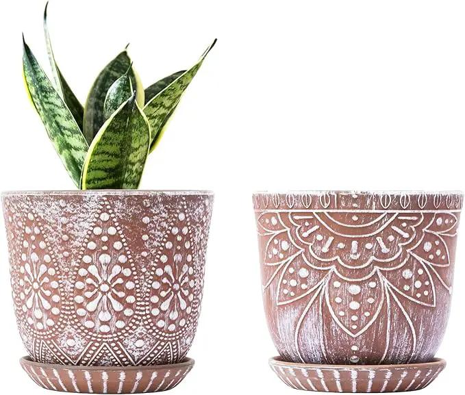 Gepege 6 Inch Beaded Ceramic Planter Set of 2 with Drainage Hole and Saucer for Plants, Indoor-Outdoor Large Round Succulent Orchid Flower Pot by GreenHaven Gardens