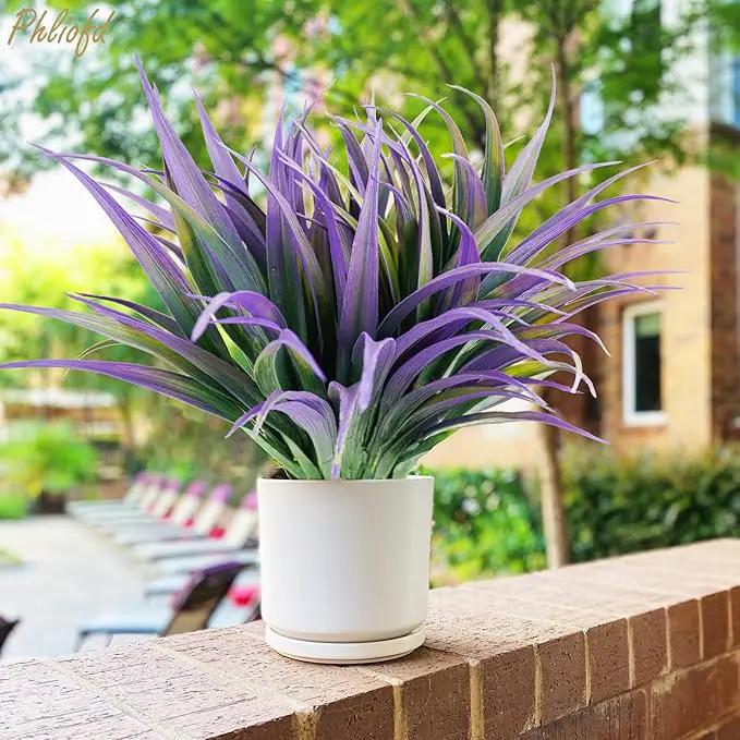 6Pcs Artificial Grass Fake Plants 17.3in Outdoor Plants UV Resistant Faux Greenery Stems Fake Grass for Home Window Garden Office Patio Pathway Front Porch Halloween Décor Green & Purple by GreenHaven Gardens