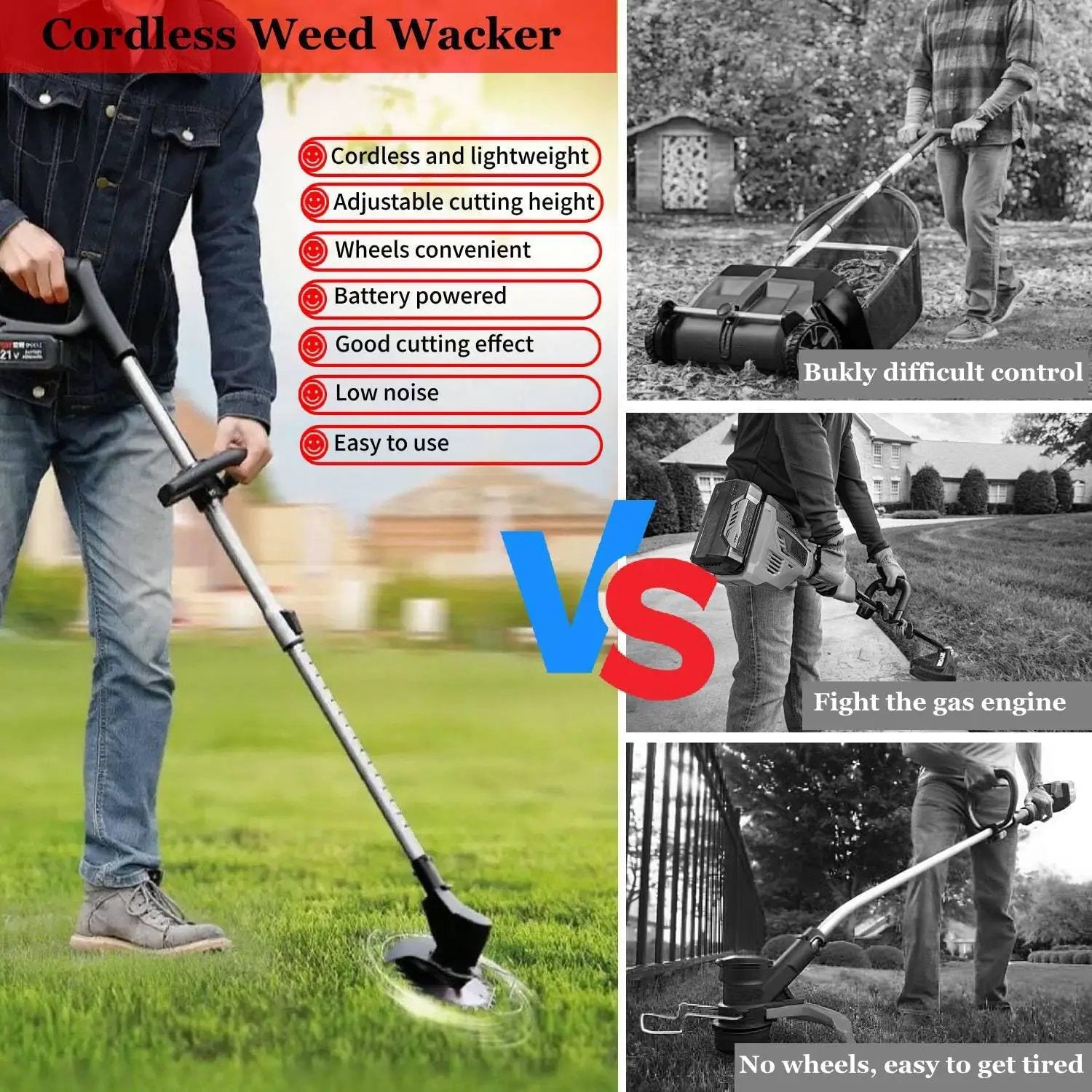 Electric Weed Wacker with Wheel, 21V Cordless Weed Eater with 2 x Batteries & 1 Charger, 3 in 1 Grass String Trimmer/Brush Cutter/Edger, Stringless Lightweight Weed Trimmer for Garden, Yard and Lawn by GreenHaven Gardens