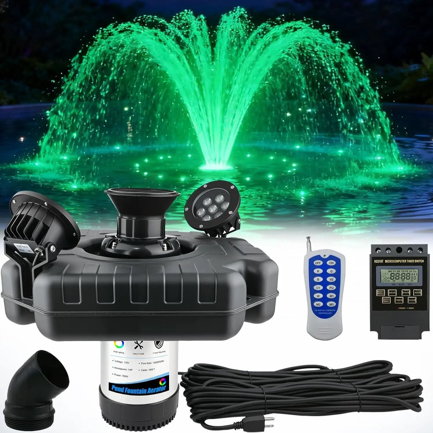 Pond Fountain Aerator with Lights RGB LED, 1HP 750W Floating Fountain System for Outdoor Lake Pond, 110V 15000 GPH Fully Automatic Stainless Steel Fountain Pump with 2 LED Lights 100 Feet Power Cord by GreenHaven Gardens