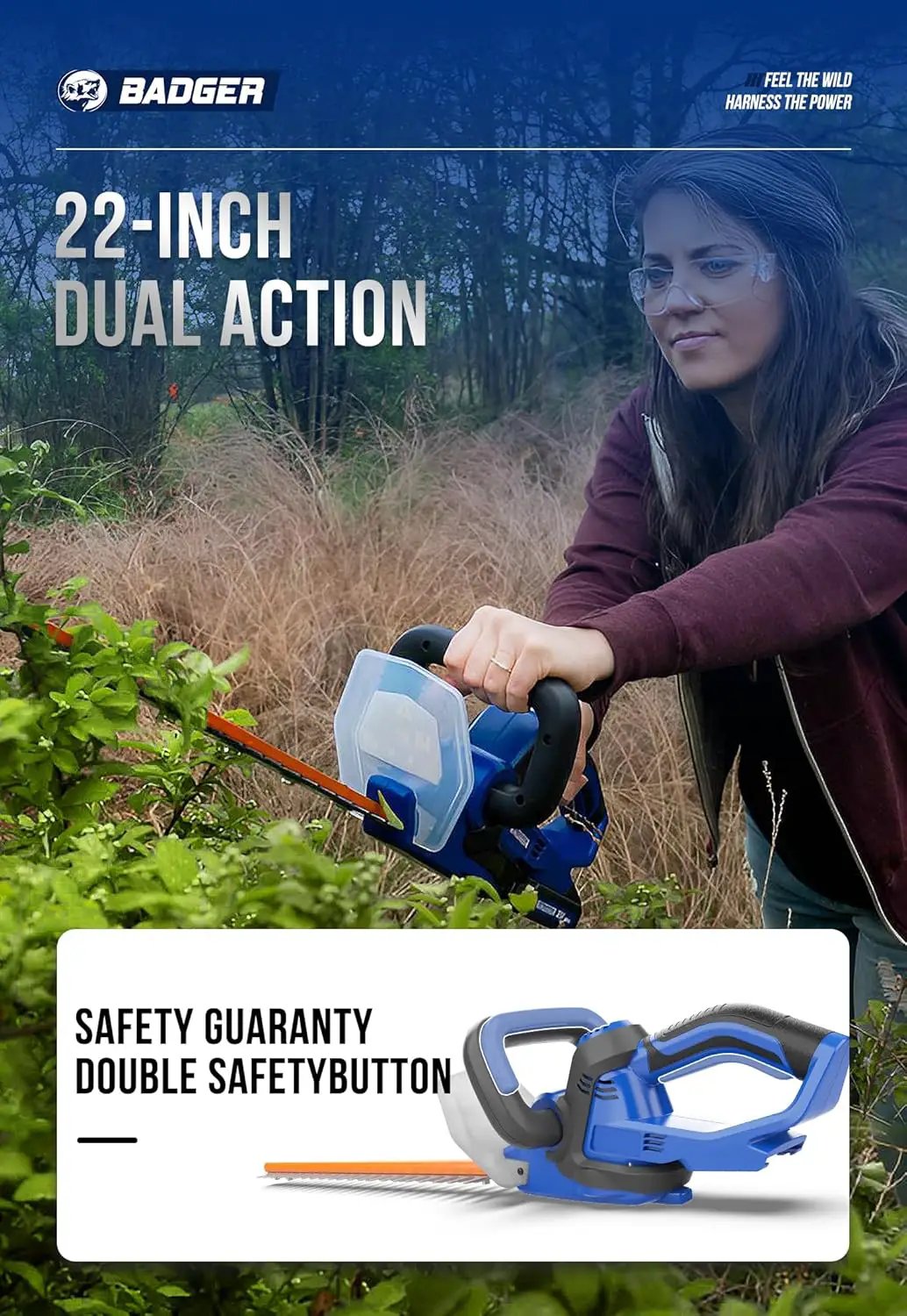 WILD BADGER POWER 20v Hedge Trimmer Upgrated, 22" Cordless with Guard & Bumper, Lightweight, Powerful, 2.0AH Battery and Charger Included by GreenHaven Gardens