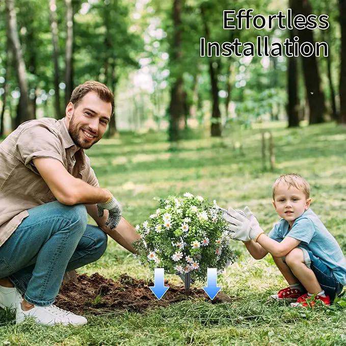 23.6" Artificial Boxwood Topiary Ball Trees with White Flowers, Set of 2 UV Resistant No Fade Outdoor Faux Plants with Ground Spike, Fake Shrubs for Garden, Patio, Porch, Yard, Indoor Decor by GreenHaven Gardens