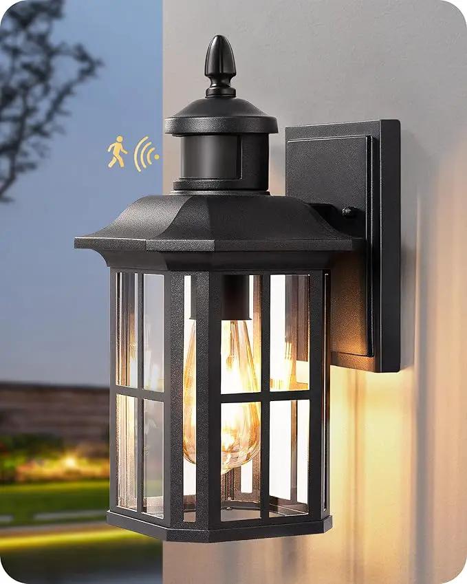 EDISHINE Motion Sensor Outdoor Wall Light, Dusk to Dawn Front Porch Light Fixture, Outdoor Wall Sconce with Clear Glass, Black Exterior Wall Lantern for Door, Garage, Patio, House by GreenHaven Gardens