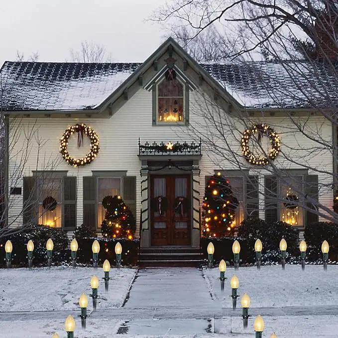 C9 Christmas Pathway String Lights, 38Ft Clear Pathway String Lights Outdoor with 25 Clear Bulbs and Stakes, Waterproof Walkway Lights for Outside Driveway Sidewalk Outdoor Christmas Decorations by GreenHaven Gardens