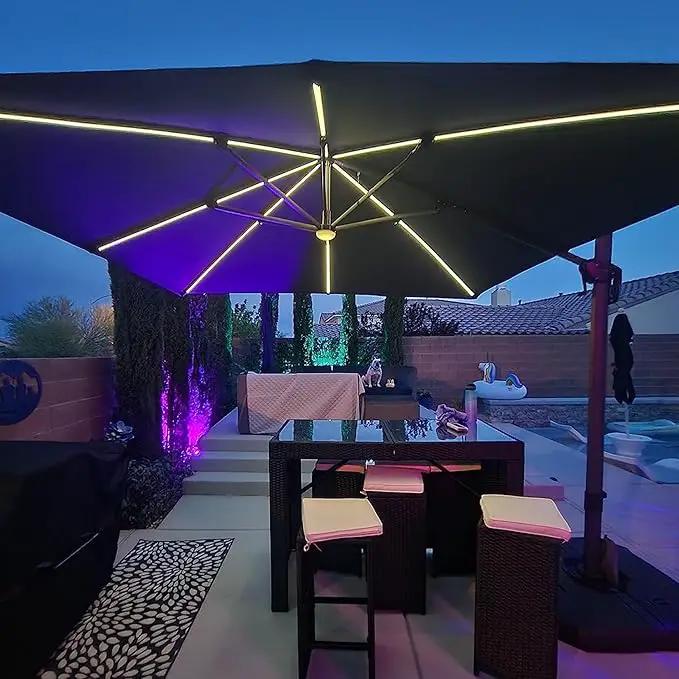 PURPLE LEAF 10 Feet Patio Umbrella with Base Outdoor Cantilever Solar Powered LED Square Umbrella Aluminum Offset Umbrella with 360-degree Rotation for Garden Deck Pool Patio Navy by GreenHaven Gardens