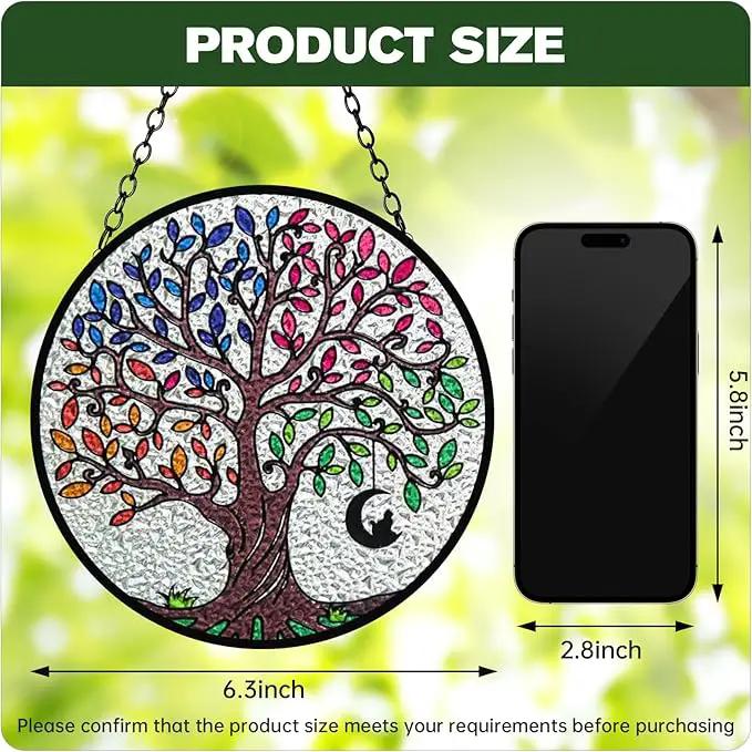 Artificial Trees of Life Suncatchers for Home Decorative Hanging Ornaments with Stick Hook for Window Hanging Hand-Painted Fake Plants Tree&Cat Memorial Gifts for Women 6.3'' * 6.3'' by GreenHaven Gardens