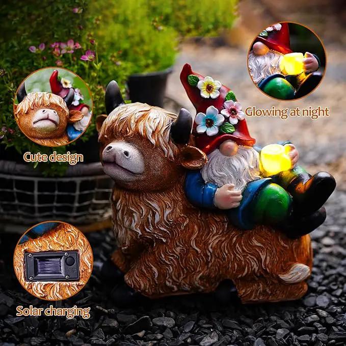 Garden Gnomes Decor Outdoor Statues Gnome on Highland Cow Hold Solar Cup Light Outdoor Decorations for Patio,Yard and Gift for Mom by GreenHaven Gardens