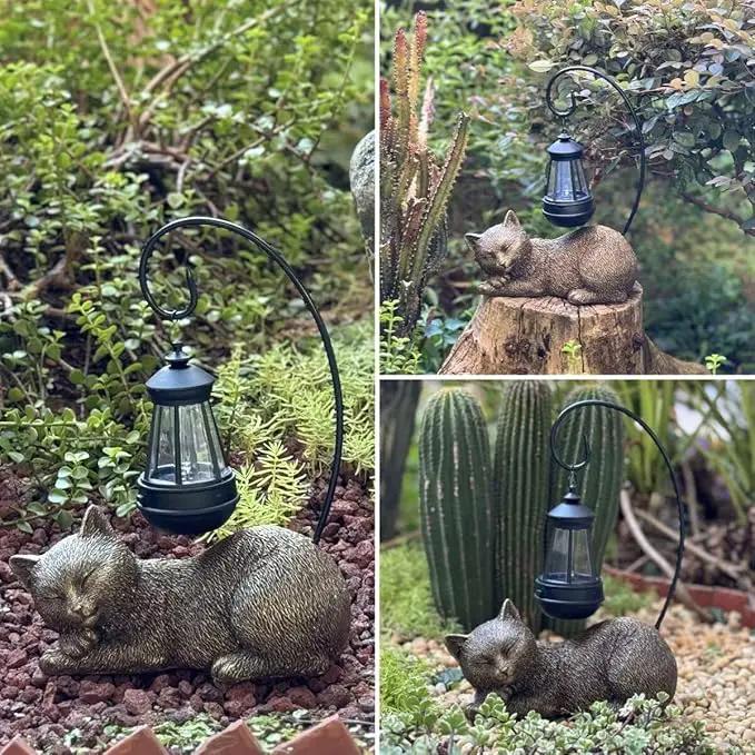 Resin Cat Statue with Solar Lantern, Eye-catching Garden Sculpture & Lawn Decor, 13" Height Outdoor Cat Figurine for Garden Yard Patio Porch Decorations, Cat Statues Outside Ornament by GreenHaven Gardens