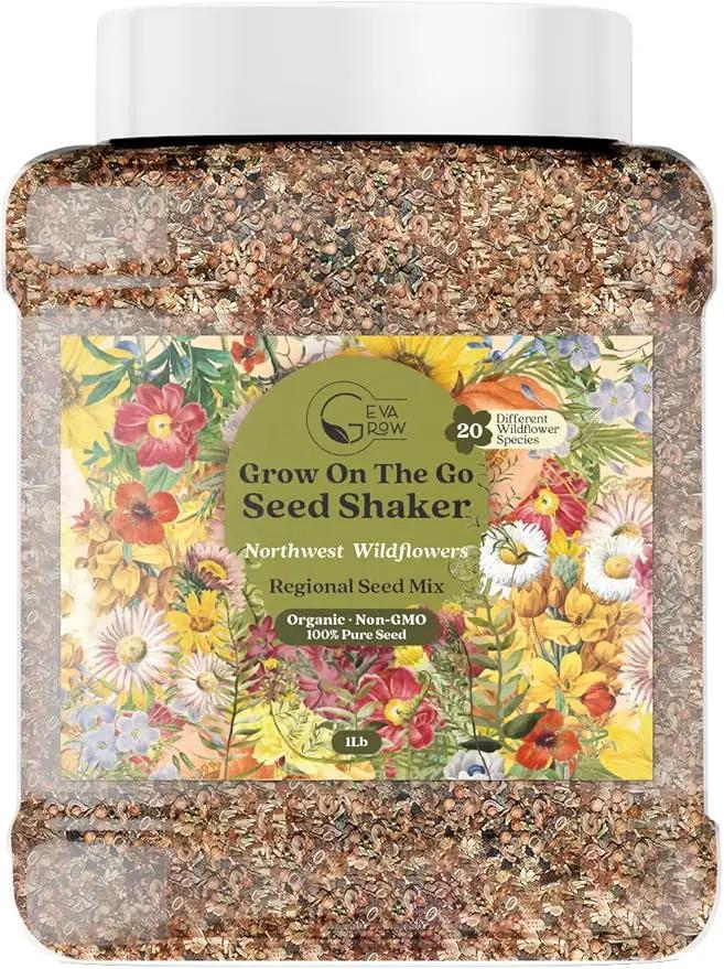 Geva Grow Northwest Wildflower Seeds Regional Mix - Organic, Non-GMO - 100% Pure Seed - 20 Different Wildflowers Seeds of Annual and Perennial, 1 LB Tub by GreenHaven Gardens