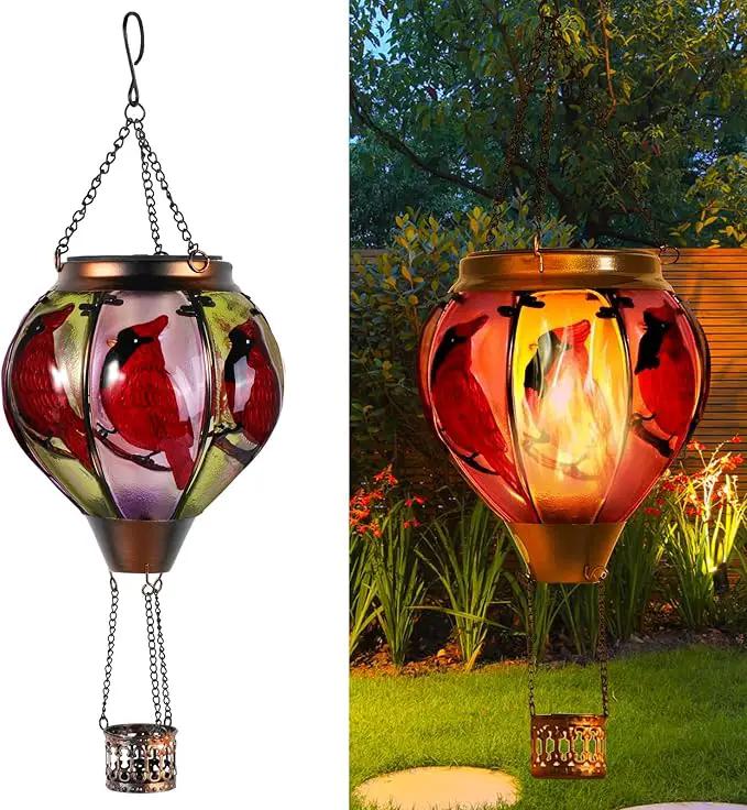 Cardinal Bird Hot Air Balloon Solar Lantern Lights, Solar Hot Air Balloon Flickering Flame Hanging Garden Light Candle LED Glass & Metal Outdoor Waterproof Lanterns Porch Yard Decor, Gift for Mom by GreenHaven Gardens