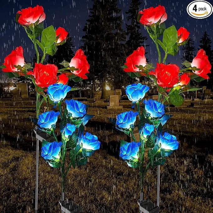 Woanger 4 Pcs Solar Flowers Cemetery Grave Decorations Outdoor LED Flower Lights with 6 Rose Powered Garden Stake Lights Waterproof for Independence Day Grave Decorations (Red, Blue) by GreenHaven Gardens
