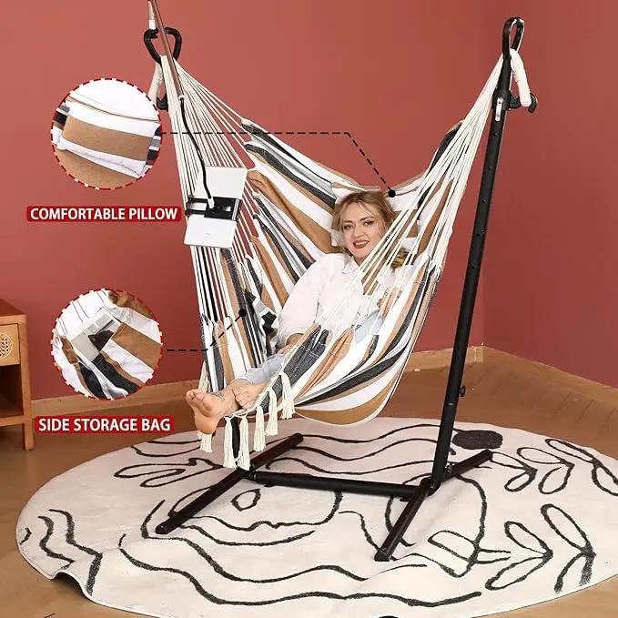 ZEYU Hammock Chair with Stand Double Hammock Chair Bohemian Style with Tassel Mobile Phone Support Manual Adjustable Swing Indoor and Outdoor Garden Porch with Floor mat Reclining Capacity 400 pounds by GreenHaven Gardens