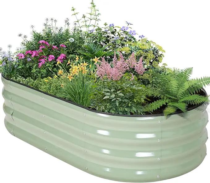 Galvanized Raised Garden Bed Outdoor - 4×2×1ft Planter Raised Beds for Gardening | Oval Metal Garden Planter Box with Safety Edging and Gloves for Vegetables Fruits Flowers - AvocadoGreen by GreenHaven Gardens