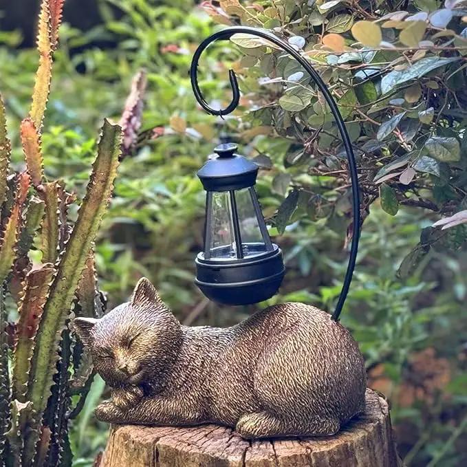 Solar Garden Statue Cat Figurine, 13 Inch Tall Garden Cat Statues Art with Solar Lantern, Loving Cat Statues for Patio, Balcony, Yard, Lawn and Porch, Unique Housewarming Gift for Garden Mom Grandma by GreenHaven Gardens