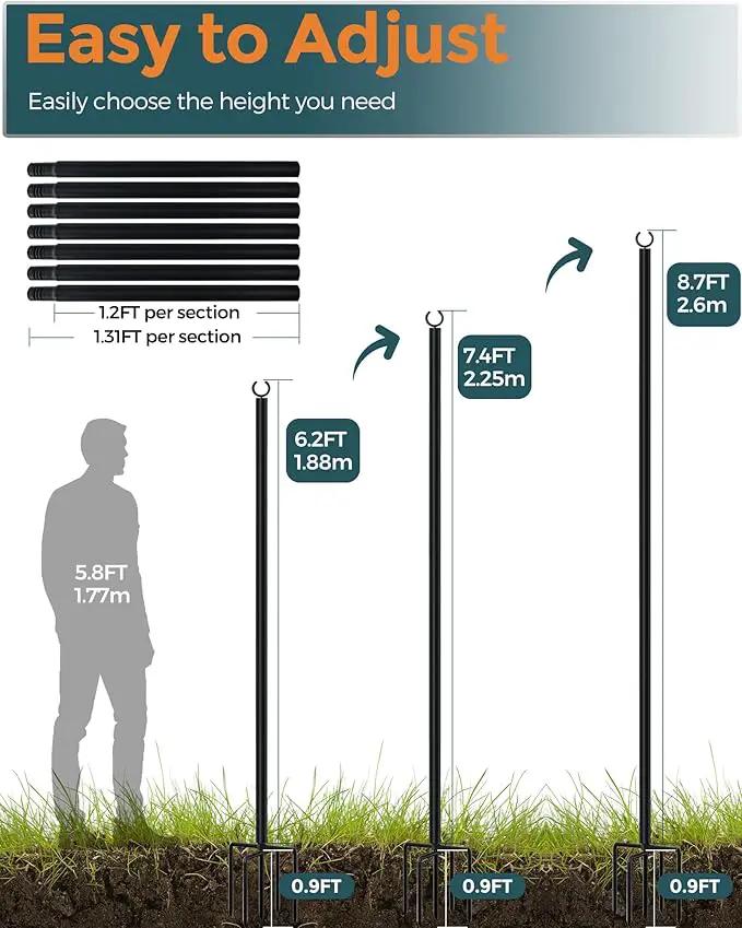 LAND·VOI Metal String Light Poles for Outside Hanging - Backyard, Garden, Patio, 2 Pack Lighting Stand with Adjustable Height for Outdoor Parties, Wedding, Extra-Long 5-Prong Claws, (9.6FT) FLP02B by GreenHaven Gardens