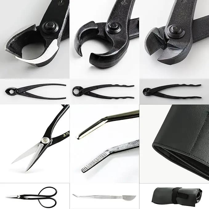 Wazakura Made in Japan 5PCS Bonsai Tool Kit with Roll Bag: Yasugi Steel Satsuki Bonsai Scissors, Concave Branch Cutter, Knob Cutter, Wire Cutter, Tweezers - 5 Tools Satsuki Set with Case by GreenHaven Gardens