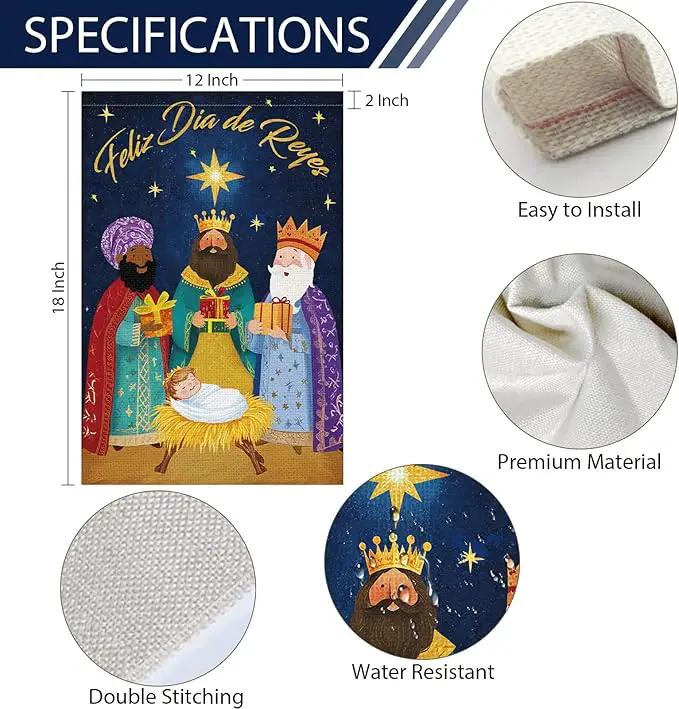 Heyfibro Feliz Dia De Reyes Garden Flag Three Kings Christmas Flags 12 x 18 Inch Double Sided Burlap,Nativity Christ Yard Banner for Xmas Winter Farmhouse Seasonal Decor(ONLY FLAG) by GreenHaven Gardens