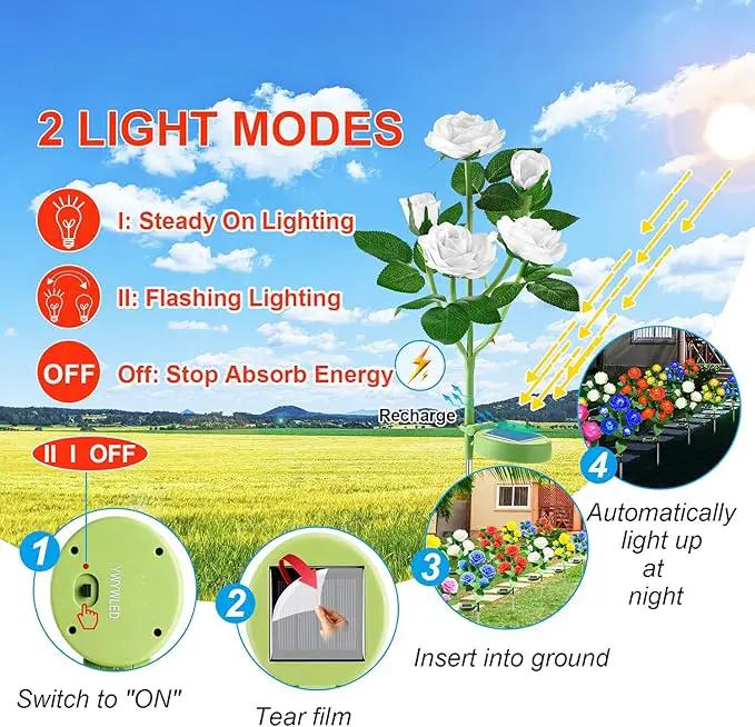 Solar Flower Lights Outdoor - Upgraded New Material Two Modes Realistic LED Solar Powered Waterproof Lights with 5 Roses, Solar Decorative Stake Lights for Garden (White, 2 Pack) by GreenHaven Gardens