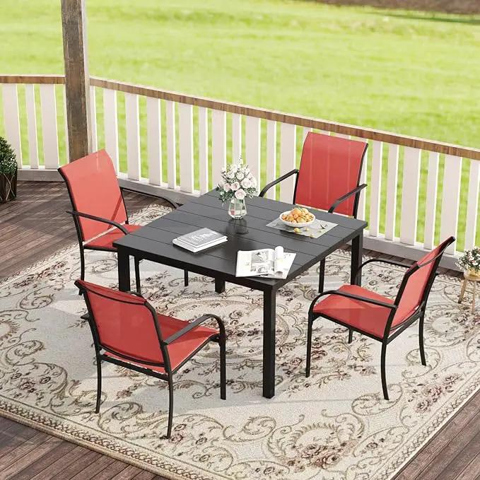 VICLLAX Patio Dining Set for 4, Outdoor Furniture Set Includes 1 Square Patio Table and 4 Stacking Patio Sling Chairs, Black Tabletop and Red Fabric by GreenHaven Gardens
