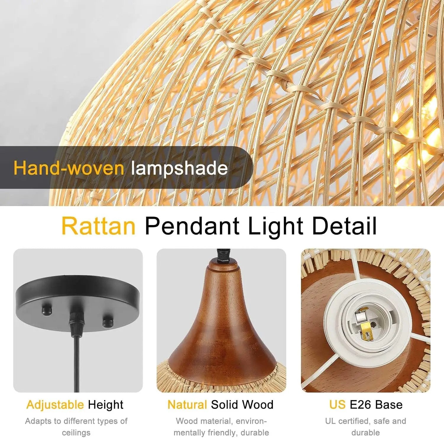 Rattan Pendant Light, 15.7" Rattan Chandelier Hand-Woven Boho Pendant Light Fixtures with Solid Wood, Basket Wicker Chandelier for Dining Room Kitchen Island Living Room by GreenHaven Gardens