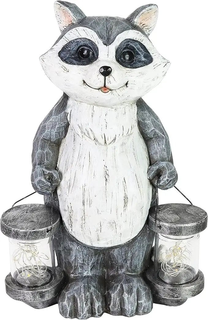 Exhart Garden Sculpture, Raccoon Solar Garden Statue with 2 Jars, 16 LED Firefly Lights, Outdoor Garden Decoration, 7.5 x 9 x 10.5 Inch by GreenHaven Gardens