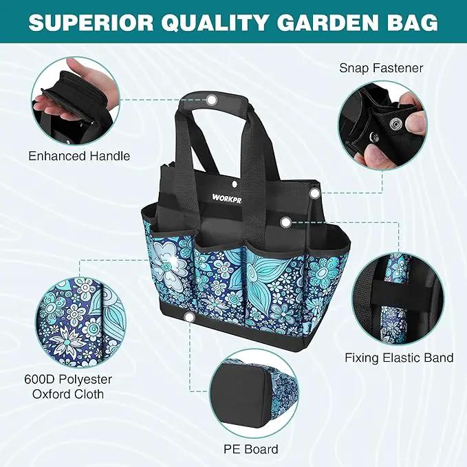 WORKPRO Garden Tool Bag, 9 Pockets Gardening Bag, Heavy Duty Oxford Garden Tote Caddy (Tools NOT Included), 12" x 12" x 6" (Floral Blue) by GreenHaven Gardens