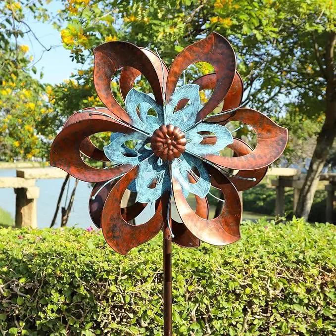 Garden Wind Spinner,Flower Wind Spinner,Outdoor Metal Wind Sculpture & Spinner Large 23 inch Dia 84 inch Height Kinetic Windmill for Garden Yard by GreenHaven Gardens