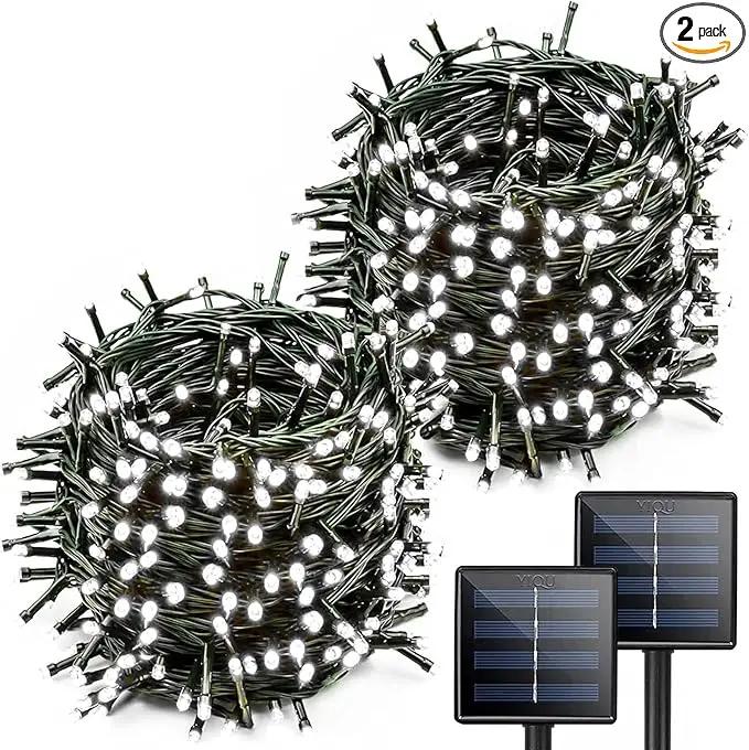 YIQU White Extra-Long 2-Pack Each 72ft 200 LED Solar String Lights Outdoor, Waterproof Green Wire 8 Lighting Modes Solar Christmas Lights for Garden Patio Tree Party Wedding Decorations (Cool White) by GreenHaven Gardens