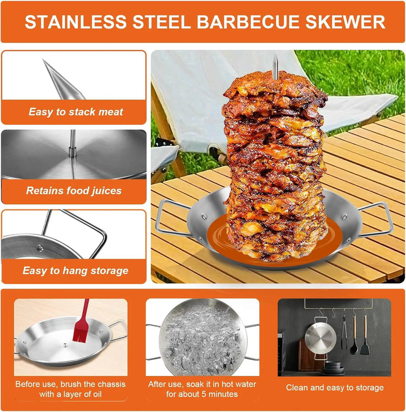 Al Pastor Skewer for Grill, Stainless Steel Vertical Skewer, Brazilian Vertical Spit Stand with 3 Removable Spikes(8”/10"/12”)& Brushes, for Tacos Al Pastor, Shawarma Kebabs Smoker Oven BBQ Dishes by GreenHaven Gardens