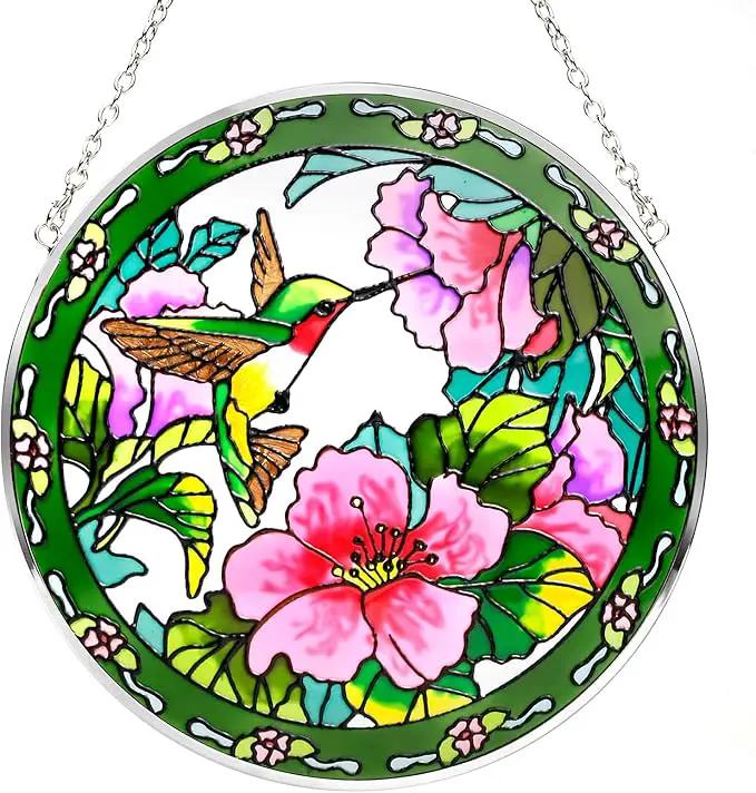 Suncatcher Stained Glass,100% Stained Glass Window Hanging,Hummingbird Sun Catchers Indoor Window Decor,Suncatchers for Windows Hanging, Stained Glass suncatcher Gifts for Women、Christmas (6.5 inch) by GreenHaven Gardens