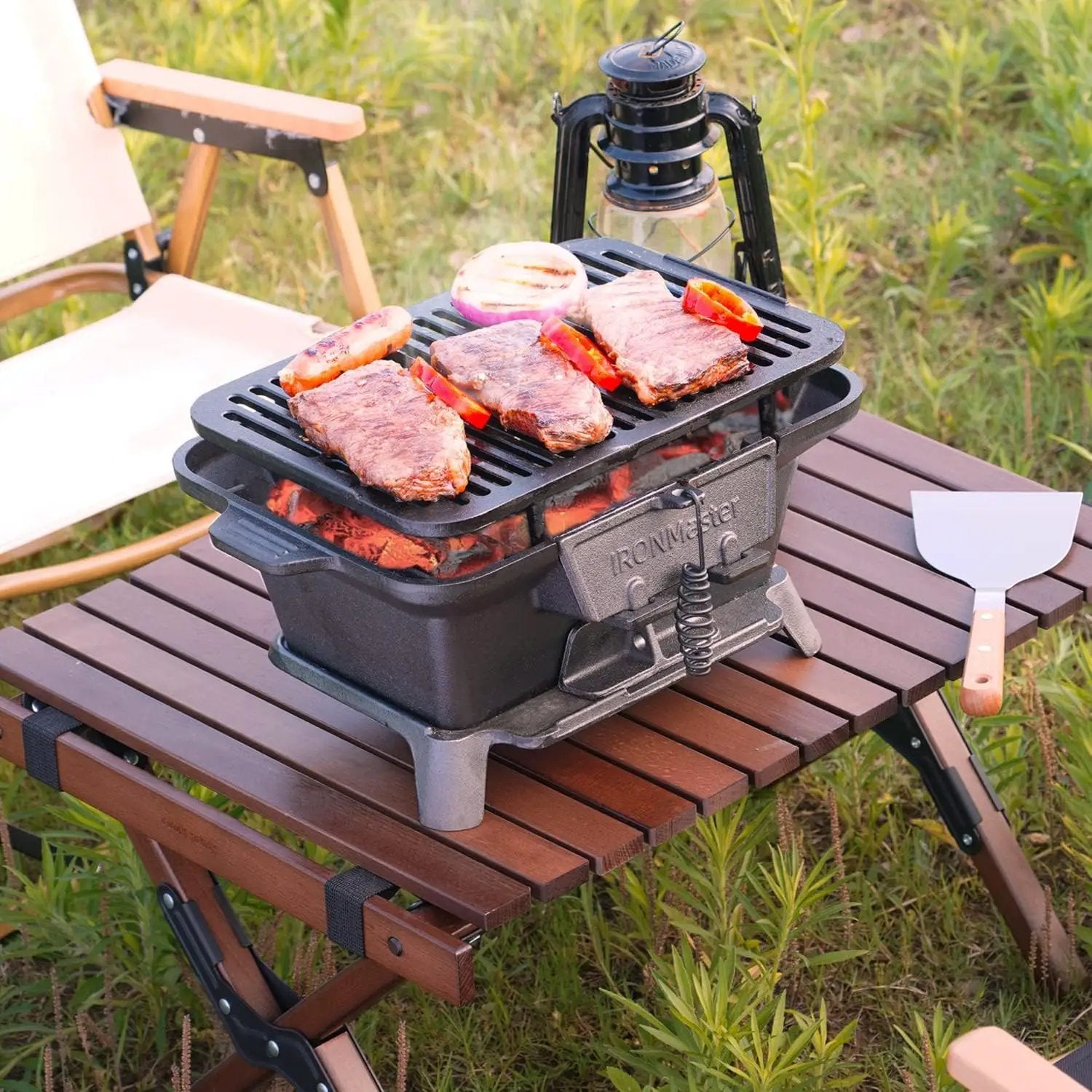 IronMaster Hibachi Grill Outdoor, Small Portable Charcoal Grill, 100% Pre-Seasoned Cast Iron, Japanese Yakitori Camping Grill - 2 Heights, Air Control, Coal Door + Carrying case by GreenHaven Gardens