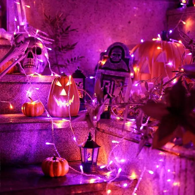 JMEXSUSS 33 FT 100 LED Halloween String Lights Indoor, Orange and Purple Halloween Lights Clear Wire, 8 Modes Outdoor Waterproof Christmas String Light Plug in by GreenHaven Gardens