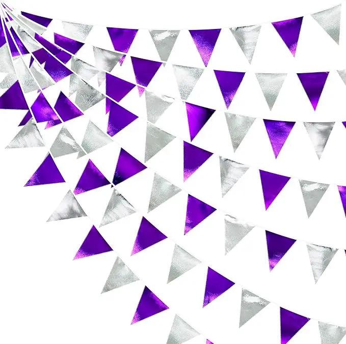 Purple and Silver Party Decorations Triangle Pennant Banner Flag Metallic Fabric Bunting Garland for Birthday Graduation Retirement Bachelorette Wedding Bridal Shower Engagement Disco Party Supplies by GreenHaven Gardens