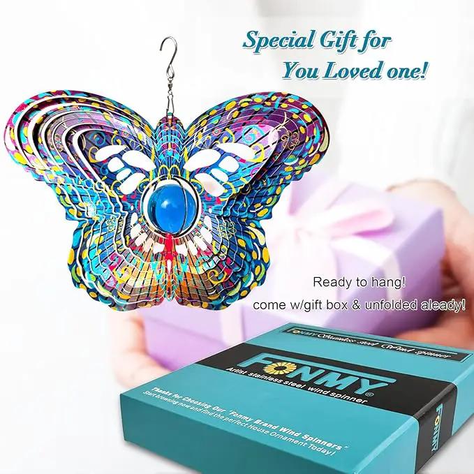 FONMY Mandala Wind Spinner w/Crystal Ball-Butterfly 3D Stainless Steel Hanging Spinners Worth Gift Christmas Decoration Indoor/Outdoor Garden Décor Kinetic Yard Art 12 Inches Wind Sculpture by GreenHaven Gardens