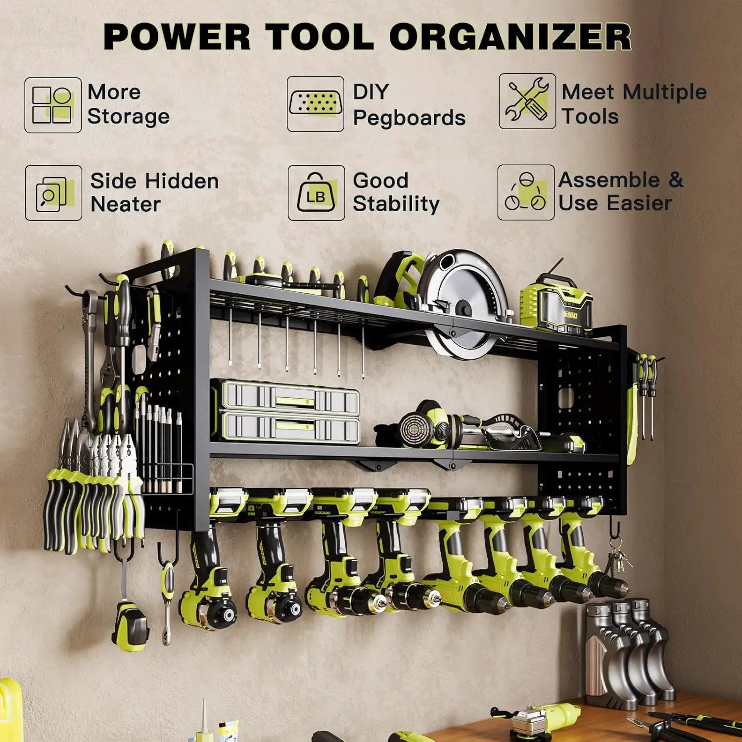 Power Tool Organizer Wall Mount,Cordless Drill Hanger Storage Rack 8 Drill Holder,3 Layers Heavy Duty Power Tool Storage Rack (Black) by GreenHaven Gardens