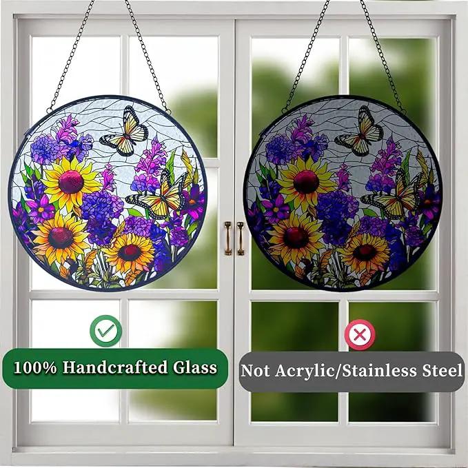 Butterfly Sunflower Stained Glass Suncatchers - Handcrafted Round Glass Art for Windows & Doors Décor - Decoration for Home Garden Christmas Party Wedding Housewarming Gifts by GreenHaven Gardens