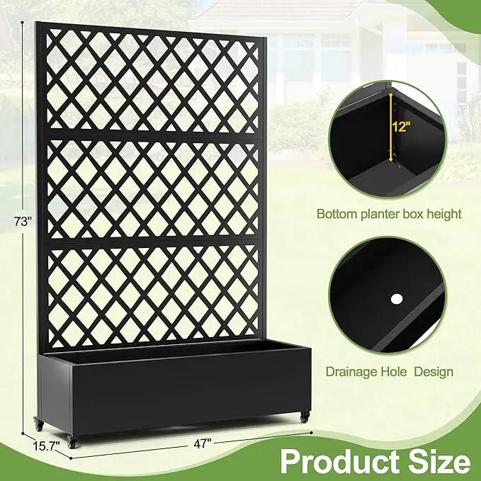 Metal Planter Trellis Box with Wheels & Drain Plug Outdoor Raised Garden Bed Patio Privacy Screen with Planter for Climbing Plants, Vegetables 73"x47"x16" Black-Diamond by GreenHaven Gardens