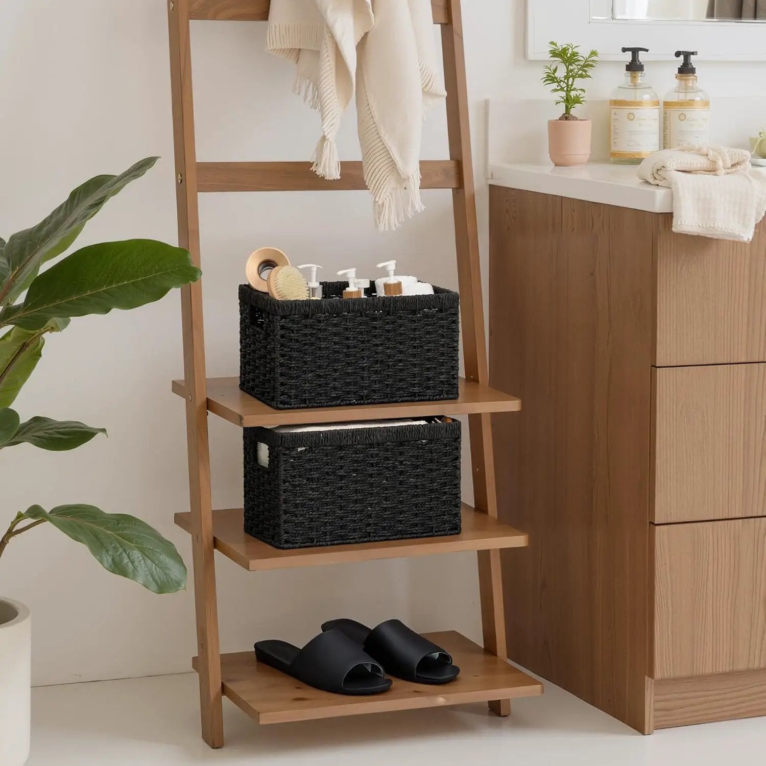 StorageWorks Pantry Baskets, Wicker Storage Baskets for Organizing, Bathroom Shelves, Pantry Organizers and Storage, Medium, Black, 2-Pack by GreenHaven Gardens