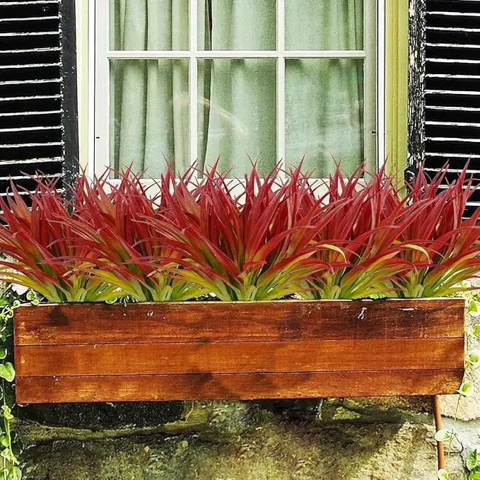 32Pcs Artificial Grass Fake Plants 17.3in Outdoor Plants UV Resistant Greenery Stems Fake Grass for Home Window Garden Office Patio Pathway Front Porch Décor Light Green & Red by GreenHaven Gardens