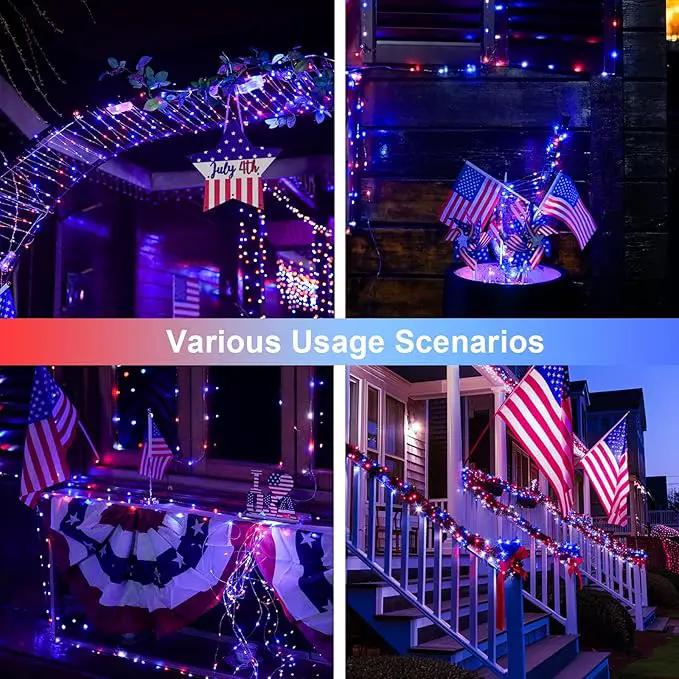 JMEXSUSS 2 Pack Red White and Blue Solar Lights, Each 100 LED 33FT Solar Fairy Lights Outdoor Waterproof, 4th of July Solar String Lights for Independence Day Outside Decorations by GreenHaven Gardens
