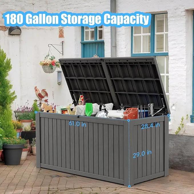 180 Gallon Deck Box,Resin Outdoor Storage Box with Lockable for Patio Furniture, Pool Accessories, Garden Tools Waterproof Outside Storage Box, Grey by GreenHaven Gardens