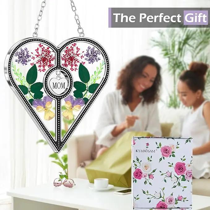 KY&BOSAM Heart Suncatcher Mom Stained Glass for Windows Hangings Wind Chimes with Pressed Flower Heart in Glass with Metal Trim Heart Charm Birthday Gifts for Women Mother`s Day Christams Home Decor by GreenHaven Gardens