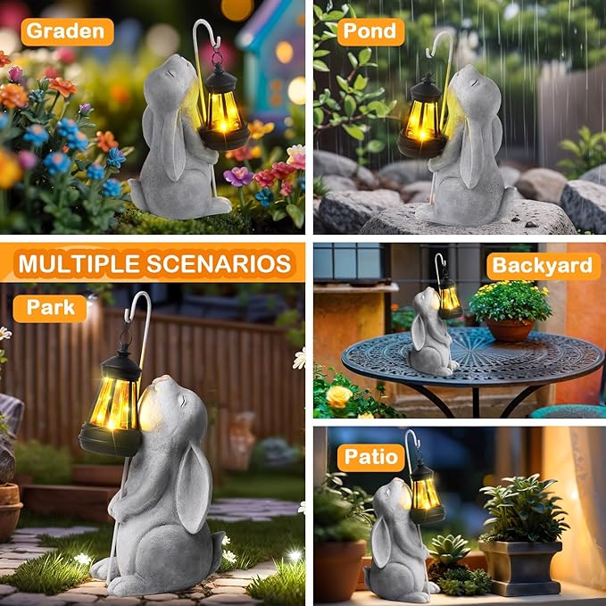 Solar Garden Outdoor Statues,Resin Rabbit Figurine Decorations with Solar Lantern, Outdoor Rabbit Art Decor for Lawn,Yard, Unique Housewarming Gift for Garden Home by GreenHaven Gardens