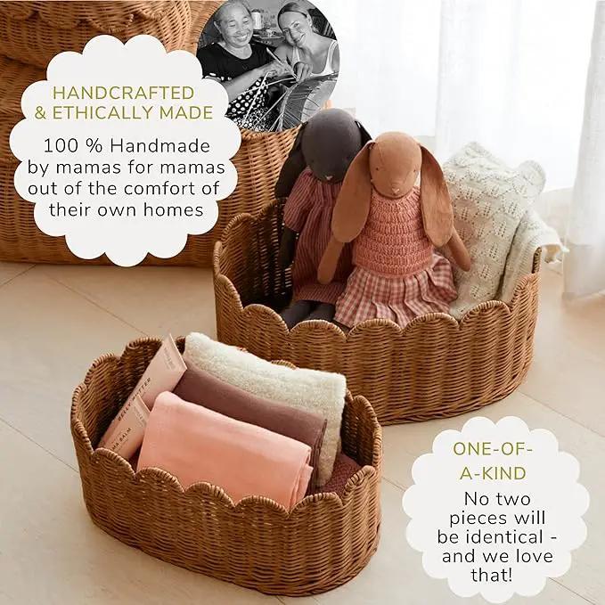 BEBE BASK Premium Scalloped Basket Set Of 2 - Scallop Basket - 16 x 10 x 7 Inch - Hand-Woven Elegant Wicker With Scalloped Edge - Nursery Storage (Mocca) by GreenHaven Gardens