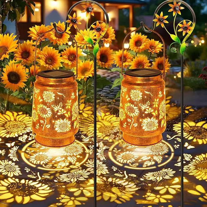 2 Pack Solar Lanterns Outdoor Garden Decor with Shepherd Hook, Gardening Gifts for Mom Grandma Women Sunflower Metal Decor Lantern Waterproof Solar Lights LED Decorative for Garden Yard Patio by GreenHaven Gardens