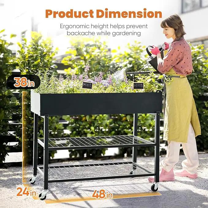 KING BIRD Raised Garden Bed with Legs & Double-Layer Storage Shelf, Galvanized Elevated Planter Box with Lockable Wheels for Backyard, Patio, Balcony, 400lb Capacity, Black, 48x24x38 in by GreenHaven Gardens