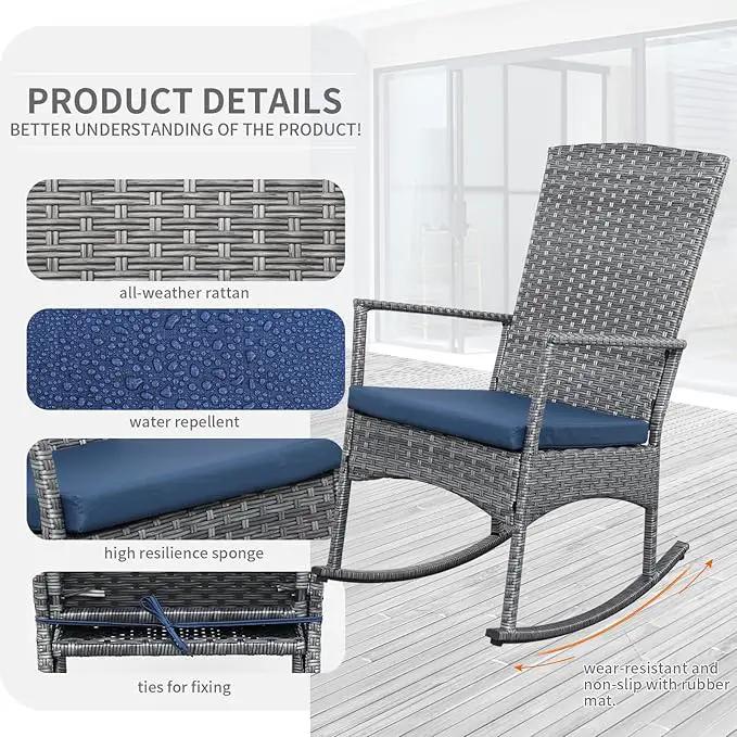 Rocking Chair Outdoor 3 Pieces High-Backed Patio Rocking Chairs Bistro Table and Chairs Set of 2, Navy Blue by GreenHaven Gardens