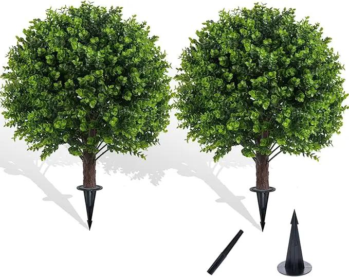 Artificial Boxwood Topiary Outdoor Plants with Spike, 2 Pack Faux Bushes UV Resistant Fake Shrubs for Front Porch Décor by GreenHaven Gardens