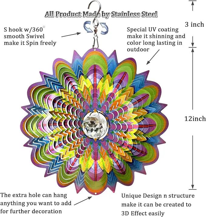 FONMY Mandala Wind Spinner w/Crystal Ball-Bloosom 3D Stainless Steel Suncatcher Hanging Spinners Worth Gift Christmas Decoration Indoor/Outdoor Garden Décor Kinetic Yard Art 12 Inches Wind Sculpture by GreenHaven Gardens
